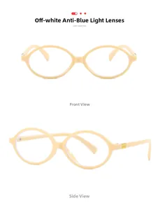 Detailed close-up of cream white oval anti-blue light glasses frame with golden metal dots