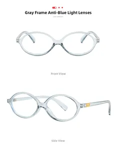 Detail view of oval transparent grey glasses frames with gold metal temple accents