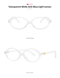 Detail of transparent oval anti-blue light glasses frame with gold metal hinges
