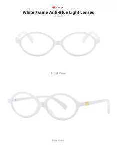Front and side detail of white oval anti-blue light glasses with gold metal accents