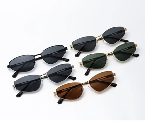 Detailed close-up of metallic cat-eye sunglasses featuring anti-slip temples and CE marking