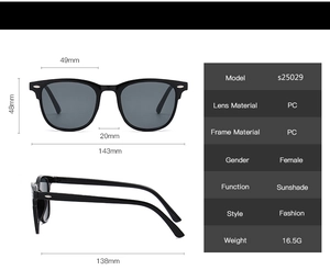 Tableau des tailles et dimensions des lunettes de soleil noires classiques en PC