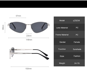Detailed size specifications for silver metal cat eye sunglasses with grey PC lenses