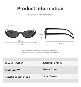 Size chart and dimensions for vintage cat-eye sunglasses with TR lightweight frame