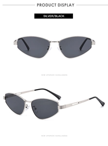 Detail view showing silver cat-eye sunglasses with textured metal temples and dark lenses