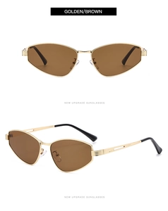 Detailed views of golden metal cat-eye sunglasses with brown lenses and black temple tips