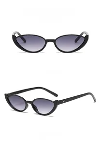 Detail of vintage oval black sunglasses showing gradient lenses and temple inscriptions