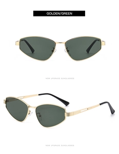 Detail view of golden metal cat-eye sunglasses with green lenses and black temples