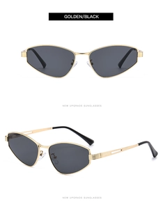 Detail of metal cat eye sunglasses with golden frames and black lenses from two angles