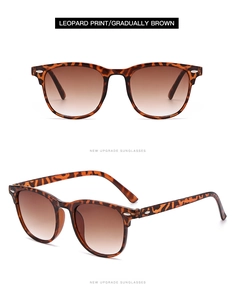 Détails des lunettes de soleil léopard avec verres dégradés marron et rivets argentés