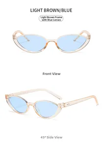 Detail view of cat-eye sunglasses model JH18208 with light brown frame and blue lenses