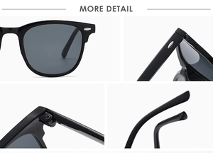 Détails de lunettes de soleil noires avec rivets ovales argentés et charnières renforcées