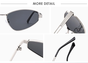 Detail view of silver metal cat eye sunglasses featuring precision screw hinges and textures