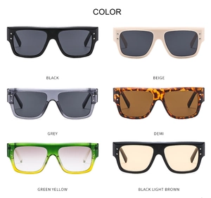 Detailed grid showing six color options for oversized square sunglasses with metal rivets