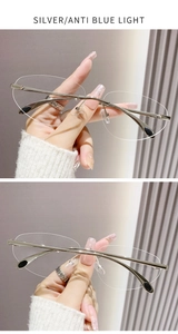 Détail des branches en métal argenté et verres anti-lumière bleue sur lunettes Y2K