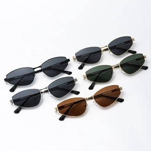 Five pairs of cat-eye metal sunglasses in various colors displayed on white background