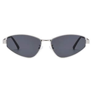 Modern silver metal cat-eye sunglasses with dark polarized lenses and geometric frame