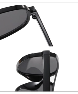 Détails des charnières métalliques renforcées et des vis sur les lunettes de soleil noires