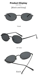 Detailed views of retro oval sunglasses with black metal frames and dark grey lenses