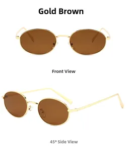 Front and 45-degree side view of vintage oval sunglasses with thin gold metal frames