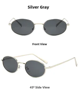 Front and side angles of silver oval metal cat eye sunglasses with grey lenses