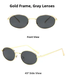 Front and side macro views of oval metal sunglasses with gray lenses and golden frames