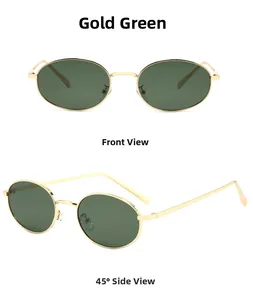 Front and side view of retro small oval sunglasses with gold metal frame and green lenses