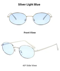 Detail view showing silver metal oval sunglasses with light blue translucent lenses