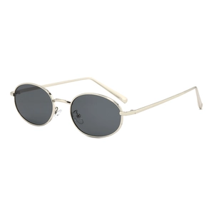 Vintage oval metal sunglasses with gold frames and dark gray lenses for women