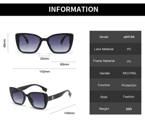 Detailed size chart and technical specifications for square frame fashion sunglasses