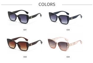 Detail view of four stylish sunglasses featuring a metal B logo and textured temples