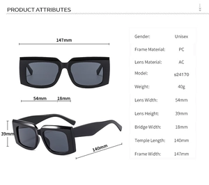 Detailed specs of unisex rectangular sunglasses with PC frame and AC lenses s24170