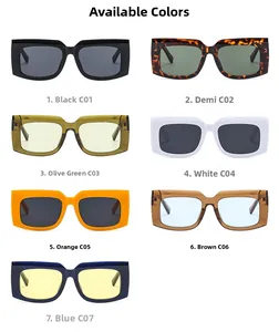 Detailed color options of retro rectangular sunglasses in seven vibrant glossy frames