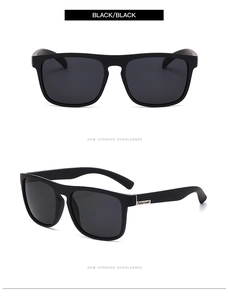 Detail of matte black polarized sunglasses with side logo and square frame view
