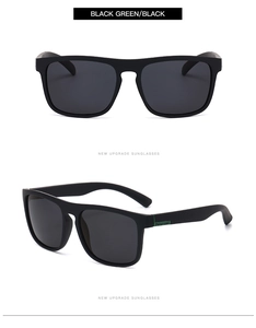 Macro shot of matte black polarized sunglasses frame with green hinge and Polarized branding