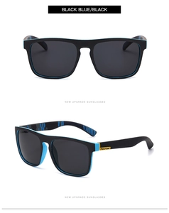 Detail view of polarized sports sunglasses showing black matte frames and blue accents