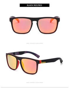 Detail view of polarized sports sunglasses in black and red with red mirrored lenses