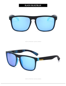 Detail view of polarized sports sunglasses with black blue frame and blue coated lenses