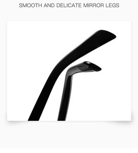 Detail of smooth and delicate mirror legs with non-slip texture on black sunglasses