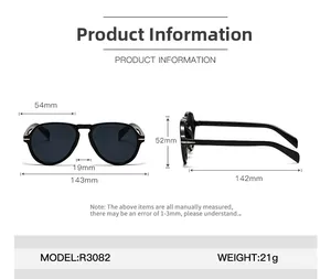 Detailed size chart for oversized square sunglasses model R3082 with precise dimensions