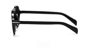 Detail view of smooth black sunglass temples with model JH8157 and size specifications