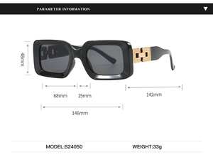 Detailed size specifications for thick frame vintage sunglasses with gold hardware
