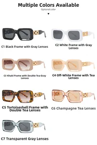 Detail of retro rectangle sunglasses featuring distinctive golden metal chain temple arms