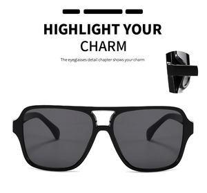 Detailed view of square double-bridge sunglasses with reinforced metal hinge structure