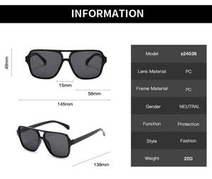 Detailed size chart for square double-bridge sunglasses showing PC frame dimensions