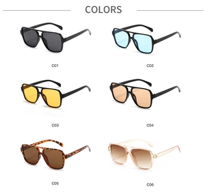 Detailed color options for retro double-bridge square sunglasses in six trendy frame finishes