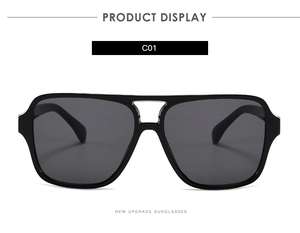 Front view of black double-bridge square pilot sunglasses with dark grey lenses C01