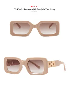 Detail view of khaki rectangular sunglasses with golden H-shaped metal temple hinge