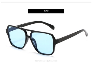 Close-up of retro double bridge sunglasses with black square frames and blue lenses