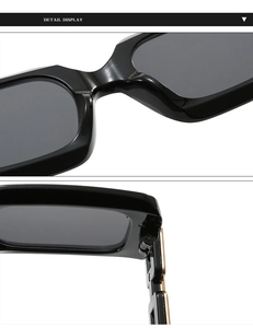 Detailed close-up of integrated nose pads and metal hinges on black rectangular sunglasses